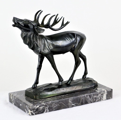 Art Deco Statue Burning Deer On Marble Base.