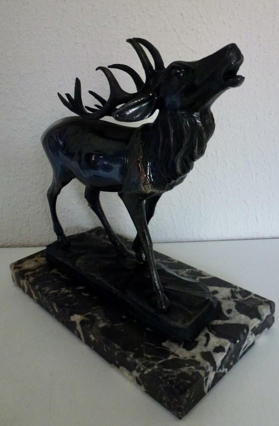 Image 1 of Art Deco Statue Burning Deer On Marble Base.