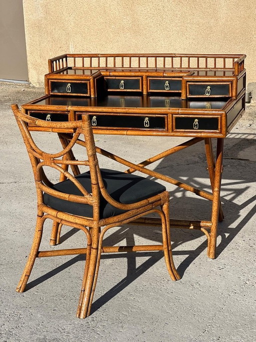 Classic Bamboo And Lacquer Country Desk With Chair By E. Murio 1970