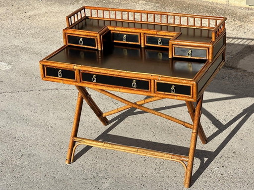 Classic Bamboo And Lacquer Country Desk With Chair By E. Murio 1970