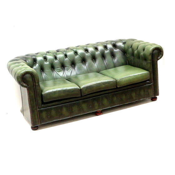 Image 1 of Green Vintage Leather 3-Person Chesterfield Sofa