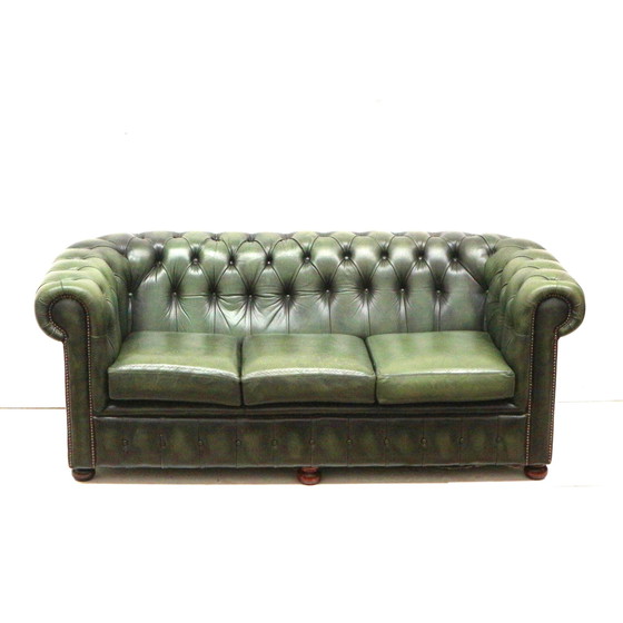 Image 1 of Green Vintage Leather 3-Person Chesterfield Sofa