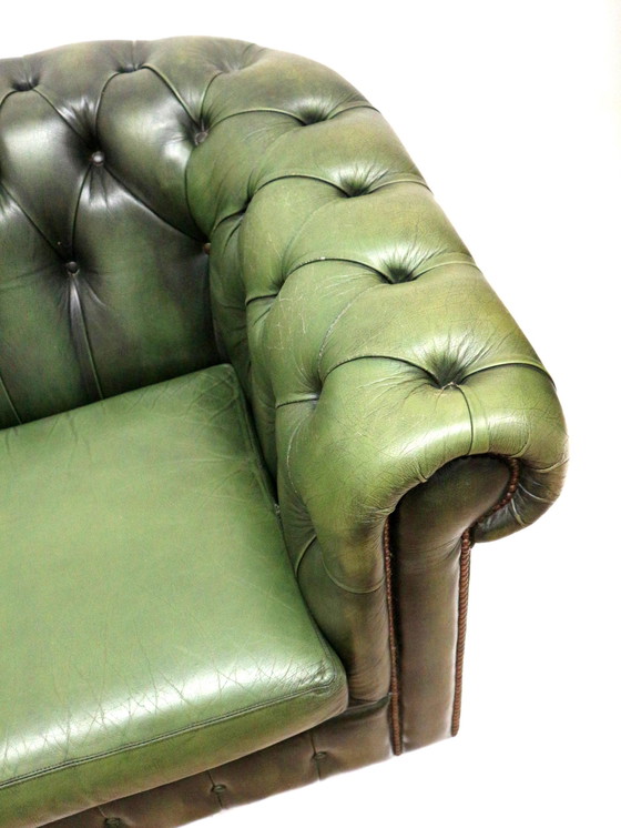 Image 1 of Green Vintage Leather 3-Person Chesterfield Sofa