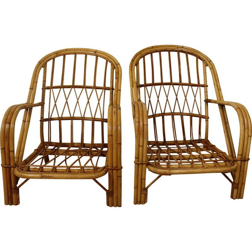 Pair of vintage rattan armchairs by Audoux Minnet, 1960