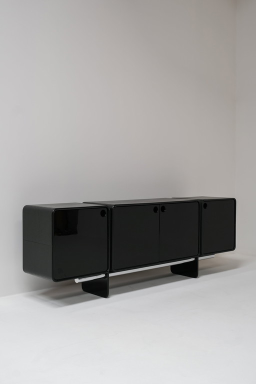 Rare 1960S Belgian Brutalist Cabinet In Black Piano Lacquer