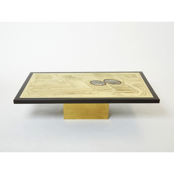 Image 1 of Tavolino da caffè belga vintage in ottone inciso e agata di Christian Krekels, 1979