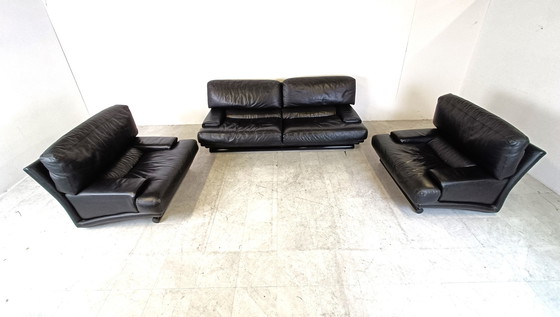 Image 1 of Vintage black leather sofa set 1970s