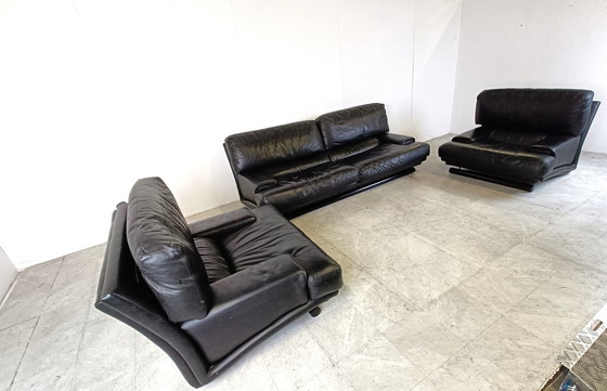Image 1 of Vintage black leather sofa set 1970s
