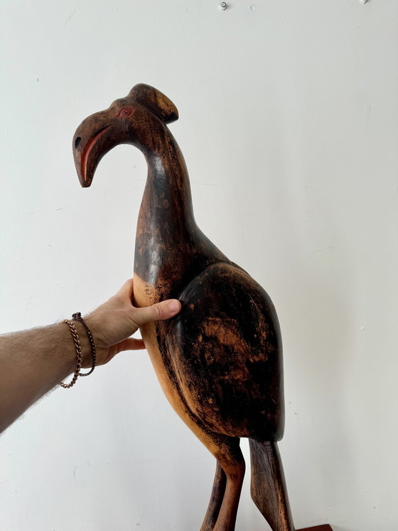 Image 1 of Tall Wooden African Bird Sculpture