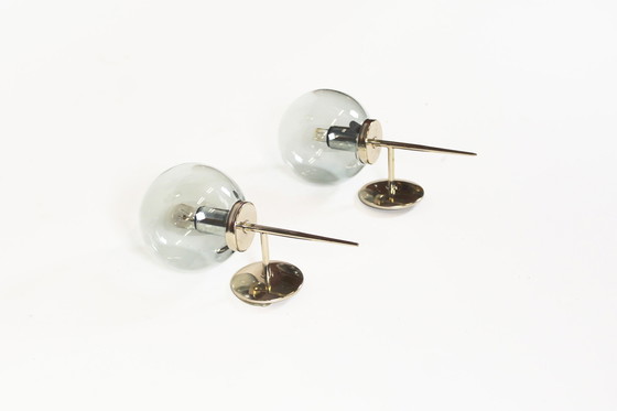 Image 1 of 2X 1970’S Glass And Chrome Metal Wall Sconces, France 1960’S