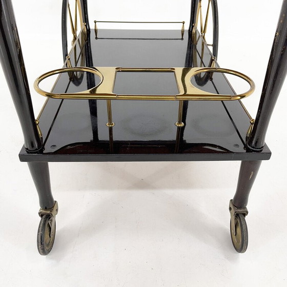 Image 1 of Mid-century Italian brass and stained mahagony bar trolley