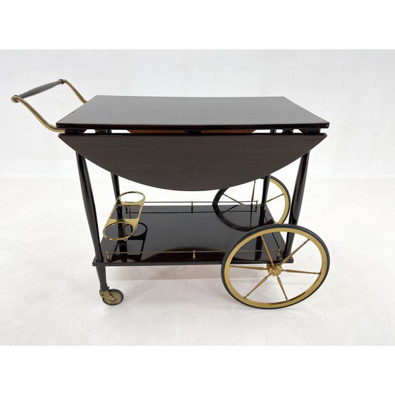 Image 1 of Mid-century Italian brass and stained mahagony bar trolley