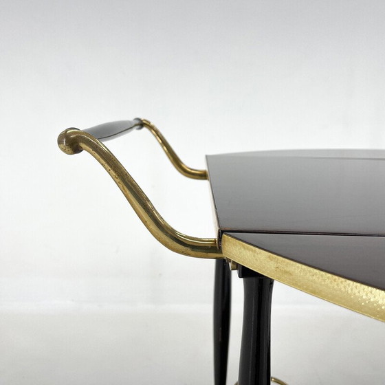 Image 1 of Mid-century Italian brass and stained mahagony bar trolley