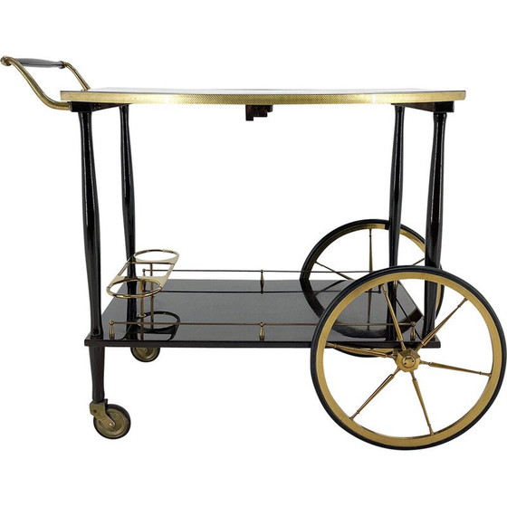 Image 1 of Mid-century Italian brass and stained mahagony bar trolley