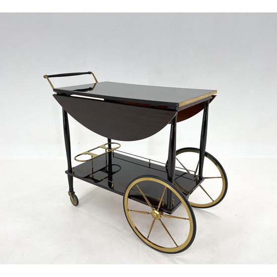 Image 1 of Mid-century Italian brass and stained mahagony bar trolley
