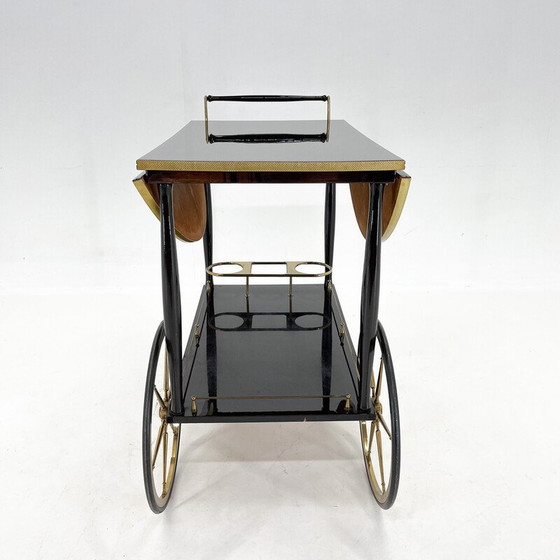 Image 1 of Mid-century Italian brass and stained mahagony bar trolley