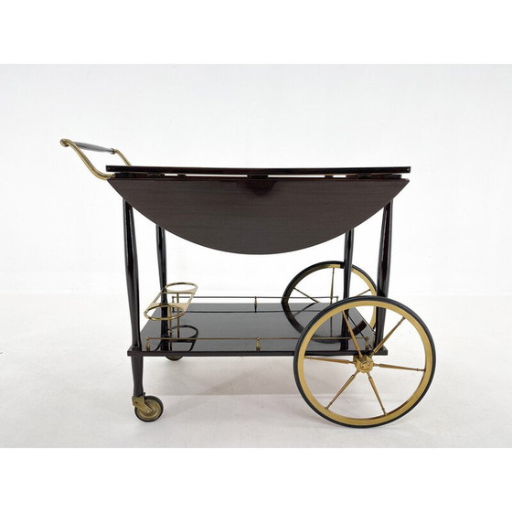 Image 1 of Mid-century Italian brass and stained mahagony bar trolley