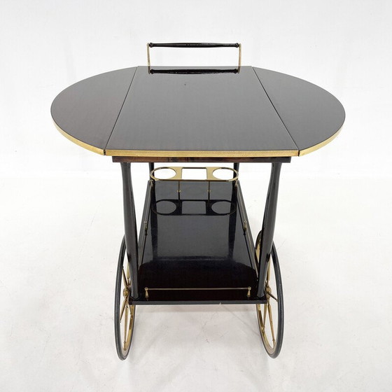 Image 1 of Mid-century Italian brass and stained mahagony bar trolley