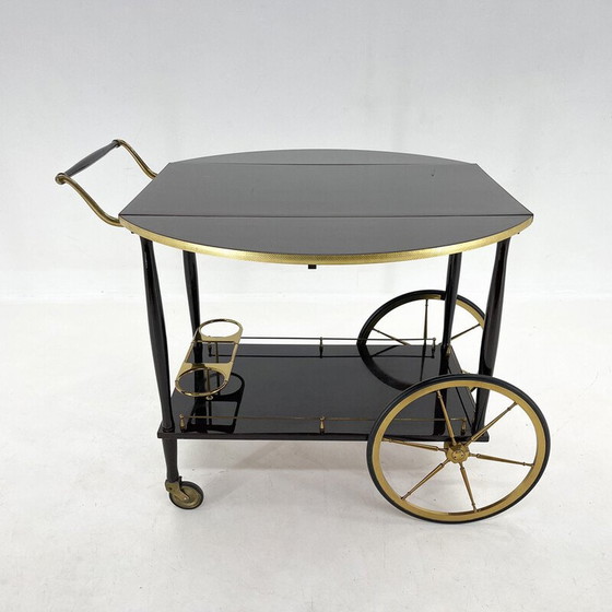 Image 1 of Mid-century Italian brass and stained mahagony bar trolley