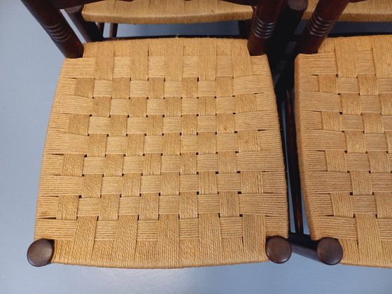 Image 1 of Set di 6 sedie vintage Arts &amp; Crafts nello stile di Antonio Calligaris in legno di quercia e corda degli anni '50