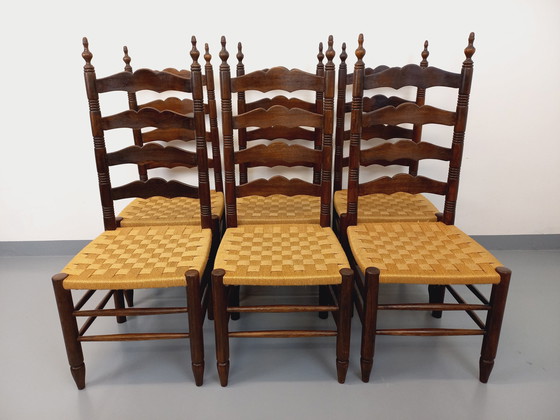 Image 1 of Set di 6 sedie vintage Arts &amp; Crafts nello stile di Antonio Calligaris in legno di quercia e corda degli anni '50