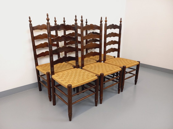 Image 1 of Set di 6 sedie vintage Arts &amp; Crafts nello stile di Antonio Calligaris in legno di quercia e corda degli anni '50