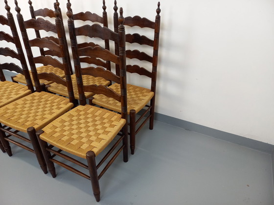 Image 1 of Set di 6 sedie vintage Arts &amp; Crafts nello stile di Antonio Calligaris in legno di quercia e corda degli anni '50