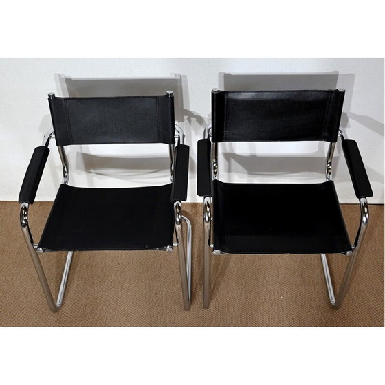 Image 1 of Pair of vintage chromed metal armchairs with black leather seating and backest by Marcel Breuer, Hungary 1970s