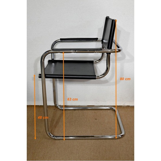 Image 1 of Pair of vintage chromed metal armchairs with black leather seating and backest by Marcel Breuer, Hungary 1970s