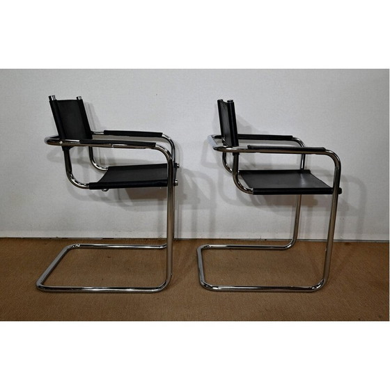 Image 1 of Pair of vintage chromed metal armchairs with black leather seating and backest by Marcel Breuer, Hungary 1970s