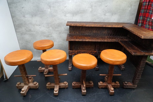 Brutalist Vintage corner bar with stools, 1950, set of 6