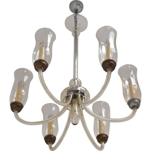 Vintage glass and metal chandelier, Czechoslovakia 1930