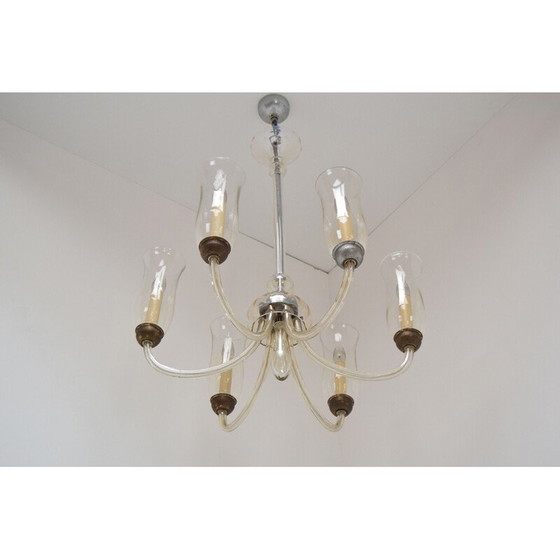 Image 1 of Lampadario vintage in vetro e metallo, Cecoslovacchia 1930