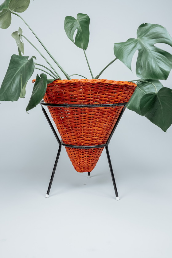 Image 1 of Vintage rattan planter with steel base