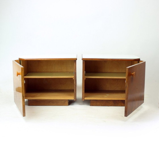 Image 1 of Pair of bedside tables in walnut and white glass, Czechoslovakia 1960