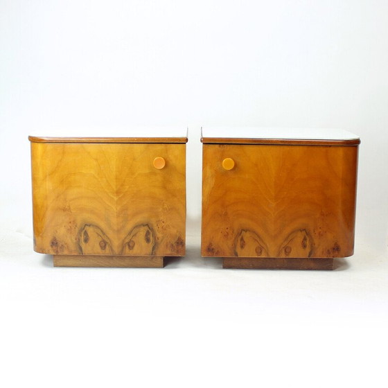 Image 1 of Pair of bedside tables in walnut and white glass, Czechoslovakia 1960