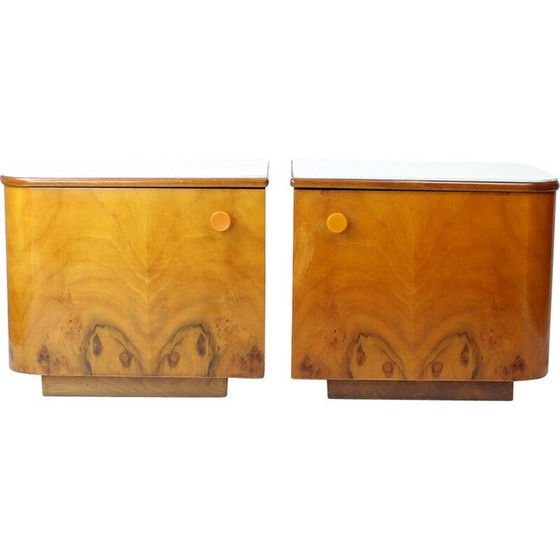 Image 1 of Pair of bedside tables in walnut and white glass, Czechoslovakia 1960