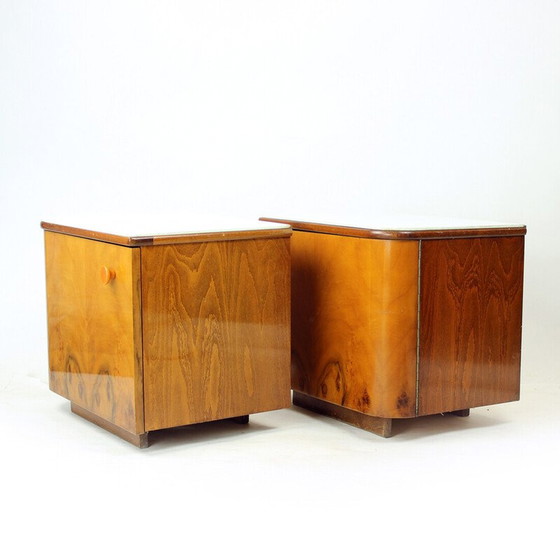 Image 1 of Pair of bedside tables in walnut and white glass, Czechoslovakia 1960