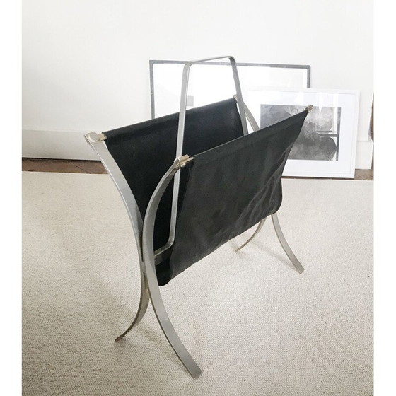 Image 1 of Vintage black magazine holder with metal imitation leather, France 1970