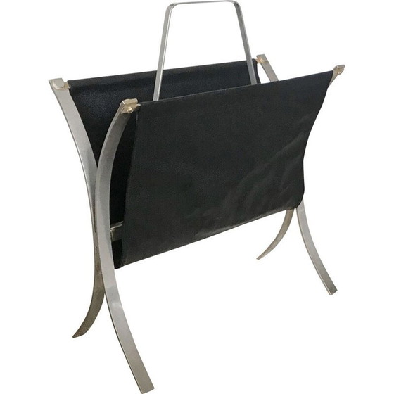 Image 1 of Vintage black magazine holder with metal imitation leather, France 1970