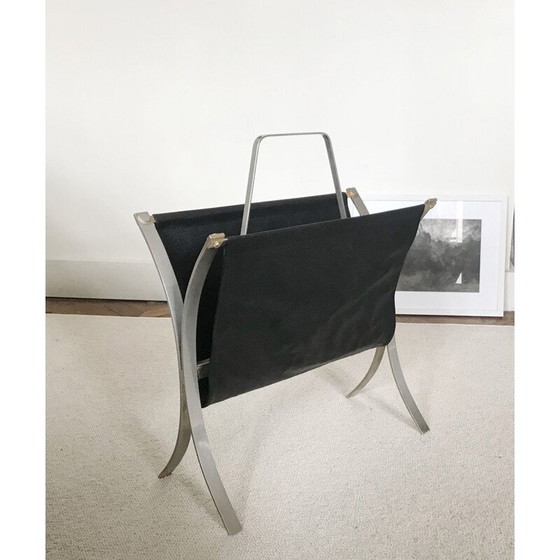 Image 1 of Vintage black magazine holder with metal imitation leather, France 1970