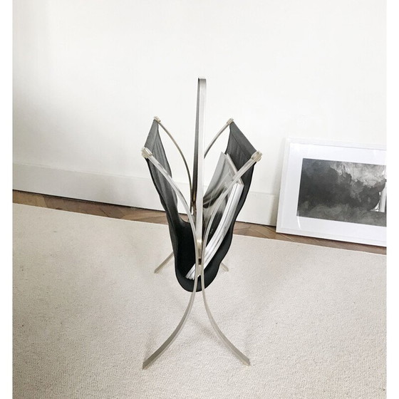 Image 1 of Vintage black magazine holder with metal imitation leather, France 1970