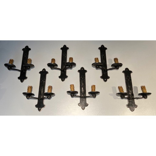 Set of 6 vintage wrought iron sconces, France 1950