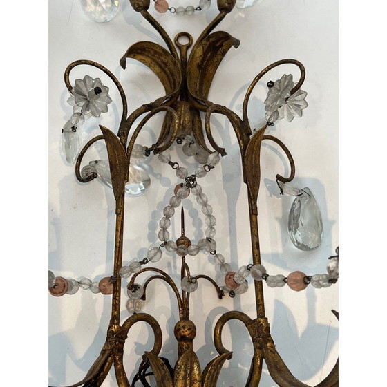 Image 1 of Pair of gilded metal and crystals wall sconces. French work in the style of Maison Baguès