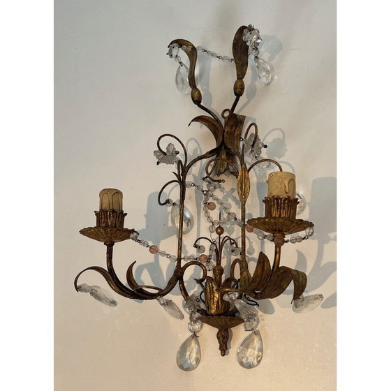 Image 1 of Pair of gilded metal and crystals wall sconces. French work in the style of Maison Baguès