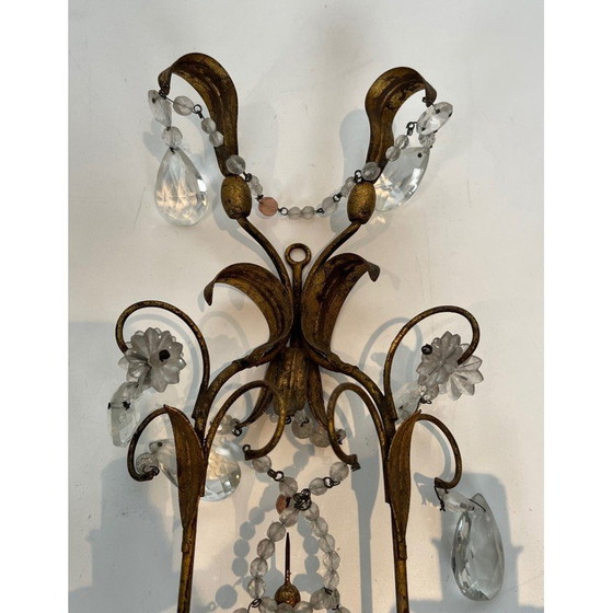 Image 1 of Pair of gilded metal and crystals wall sconces. French work in the style of Maison Baguès