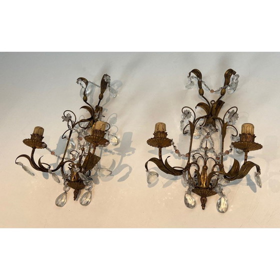 Image 1 of Pair of gilded metal and crystals wall sconces. French work in the style of Maison Baguès