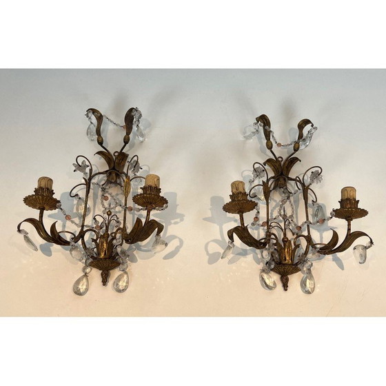 Image 1 of Pair of gilded metal and crystals wall sconces. French work in the style of Maison Baguès