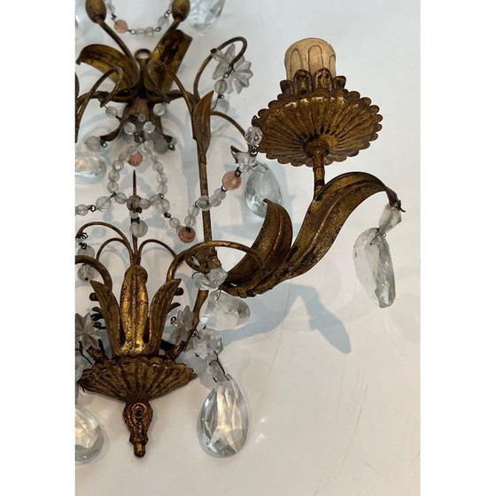 Image 1 of Pair of gilded metal and crystals wall sconces. French work in the style of Maison Baguès