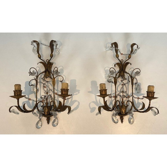 Image 1 of Pair of gilded metal and crystals wall sconces. French work in the style of Maison Baguès